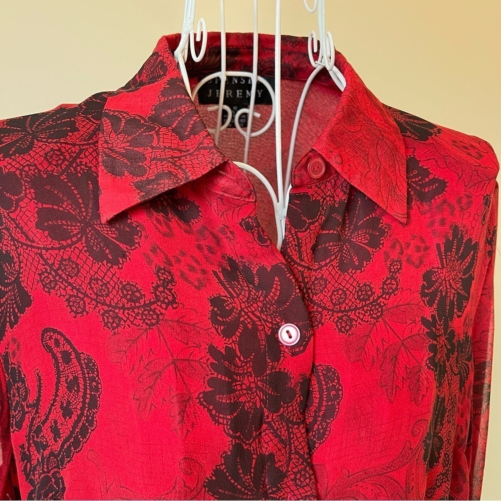Vintage Spencer Jeremy Silk Semi Sheer Button Down Blouse Fringe red black SZ 10 - Picture 3 of 7
